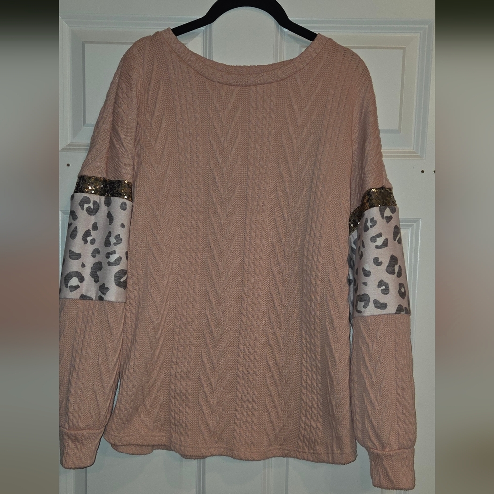 Pink Cable Knit Sweater with Leopard Print Accents Size M